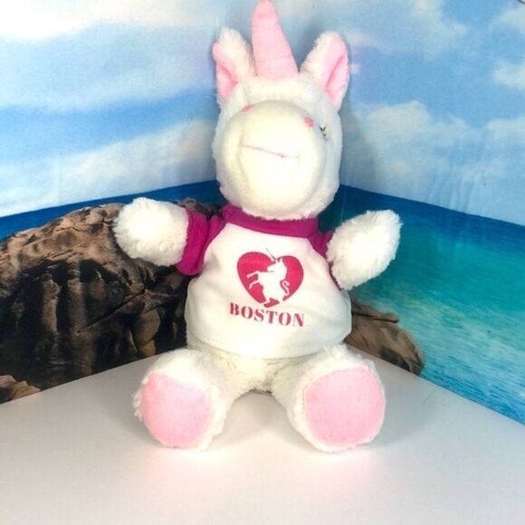 Lil' Zoovenir White Unicorn with Boston T-Shirt Washable Plush Beanie To… - Picture 3 of 7